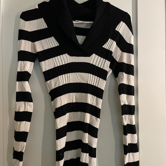 Suzy Shier Sweaters - Suzy Shier Black and White Striped Turtleneck Sweater